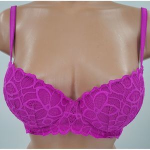 Victoria's Secret Pink Date Push Up Lace Overlay Bra Size 34D Dark Pink Purple